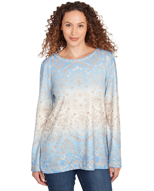 RUBY RD 13355 OMBRE PATTERED SCOOP TOP BLUE/IVORY
