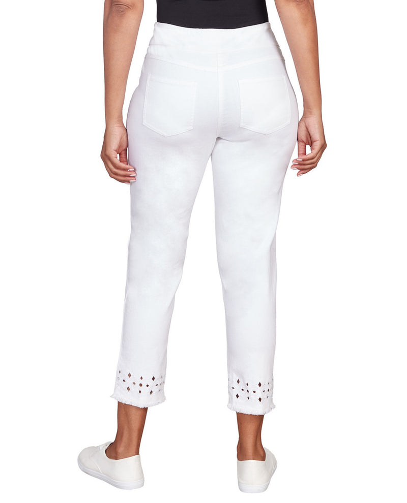 RUBY ROAD 13702 PETITE EMBROIDERED HEM ANKLE PANT WHITE
