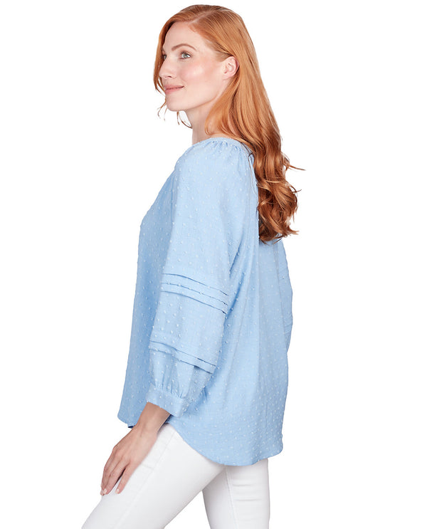 RUBY ROAD 13745 PETITE STAND COLLAR CLIP DOT TOP LT. CHAMBRAY