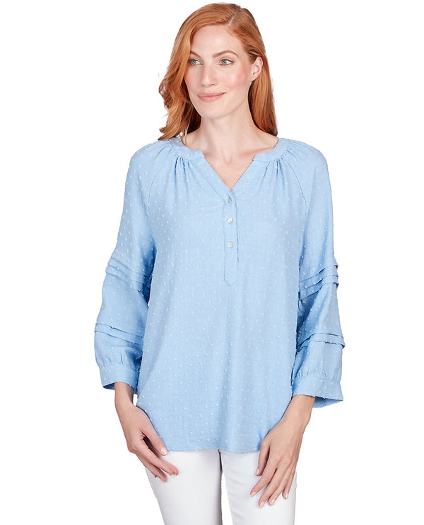RUBY ROAD 13745 PETITE STAND COLLAR CLIP DOT TOP LT. CHAMBRAY