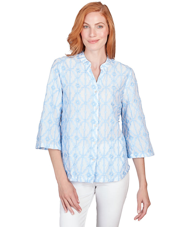 RUBY ROAD 13746 PETITE EMBROIDERED COTTON TOP ATLANTIC MULTI