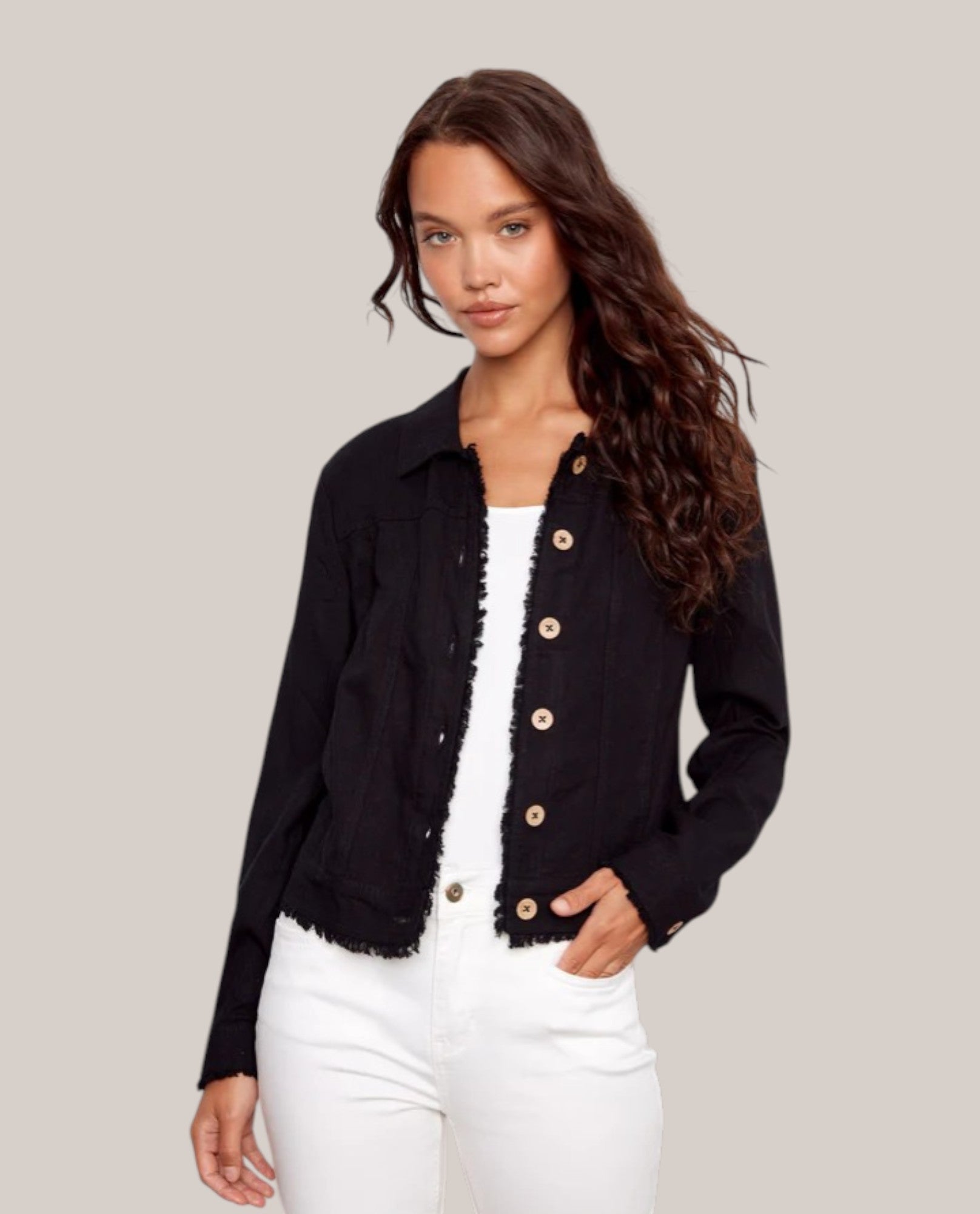 LIVERPOOL LM1C58QE8 COLLARLESS CROPPED JACKET | Welt Pocket Jacket