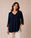 BY JJ IT-267 NAVY V-NECK MESH TRIM 3/4 SLEEVE TOP
