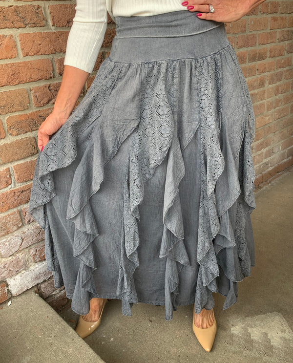 APPAREL LOVE 1824 LACE RUFFLE SKIRT CHARCOAL