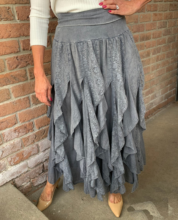 APPAREL LOVE 1824 LACE RUFFLE SKIRT CHARCOAL