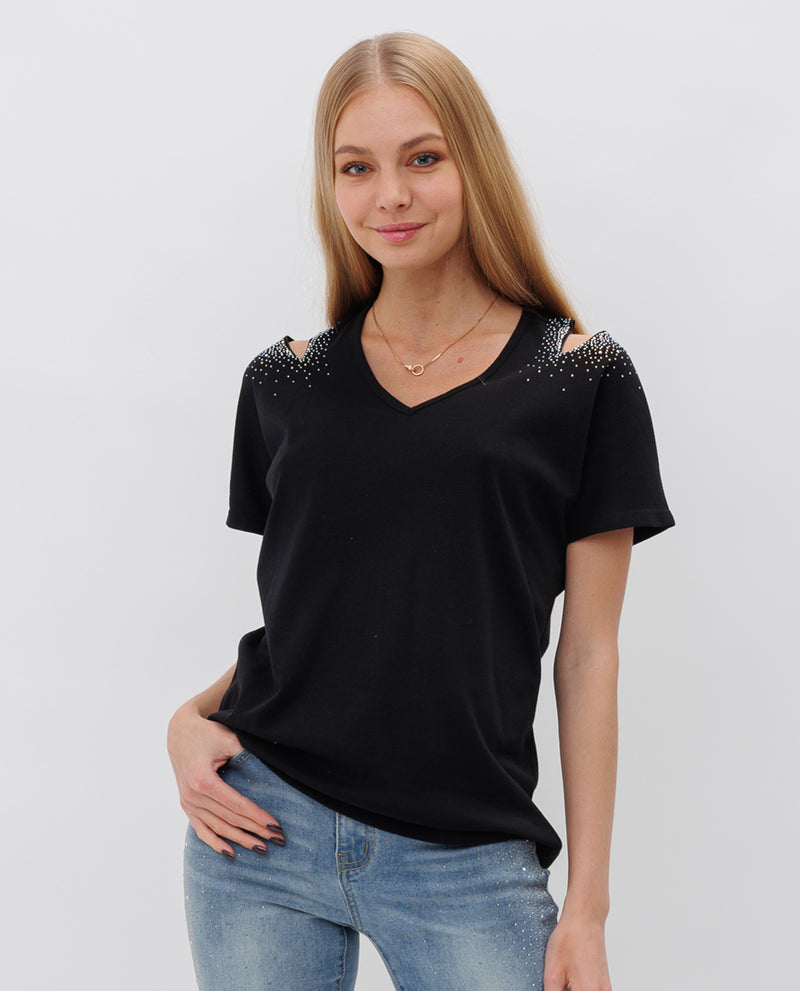 VOCAL 19282S LASER CUT SHORT SLEEVE TOP WITH STONES - USA BLACK