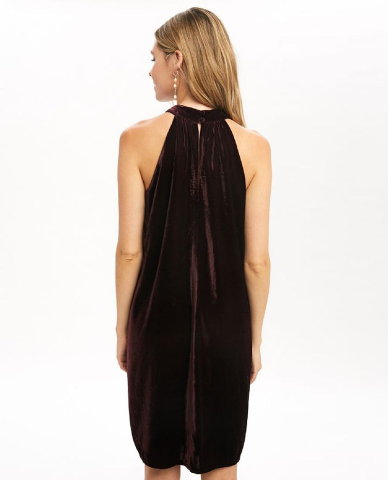 MYSTREE 19465 BURNOUT VELVET MIX HALTER DRESS BURGUNDY