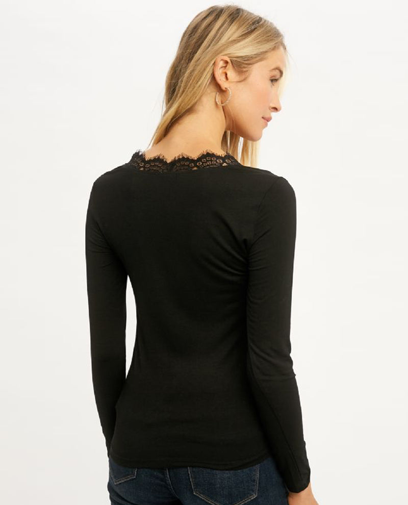 MYSTREE 19551 LACE V-NECK LONG SLEEVE MODAL TOP BLACK