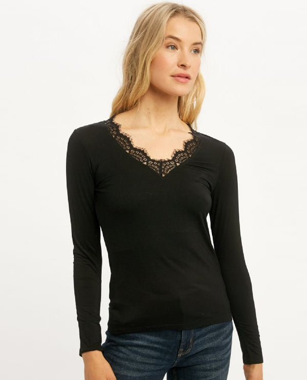 MYSTREE 19551 LACE V-NECK LONG SLEEVE MODAL TOP BLACK