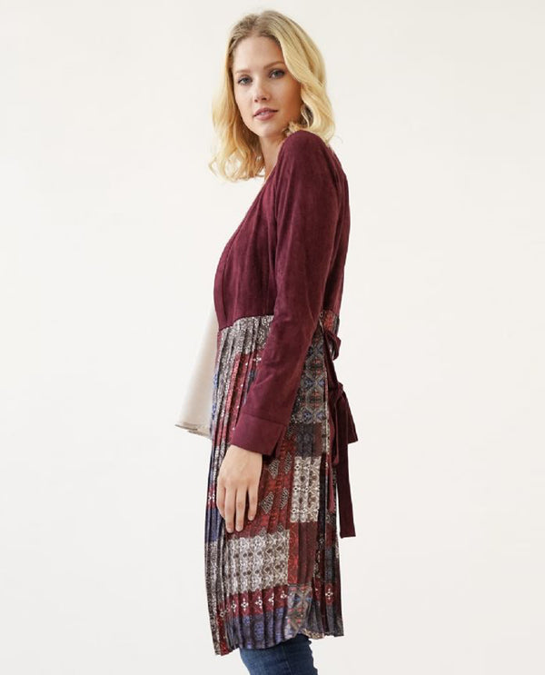 MYSTREE 19714 MIX MEDIA PLEATED LONG CARDIGAN BURGUNDY MIX