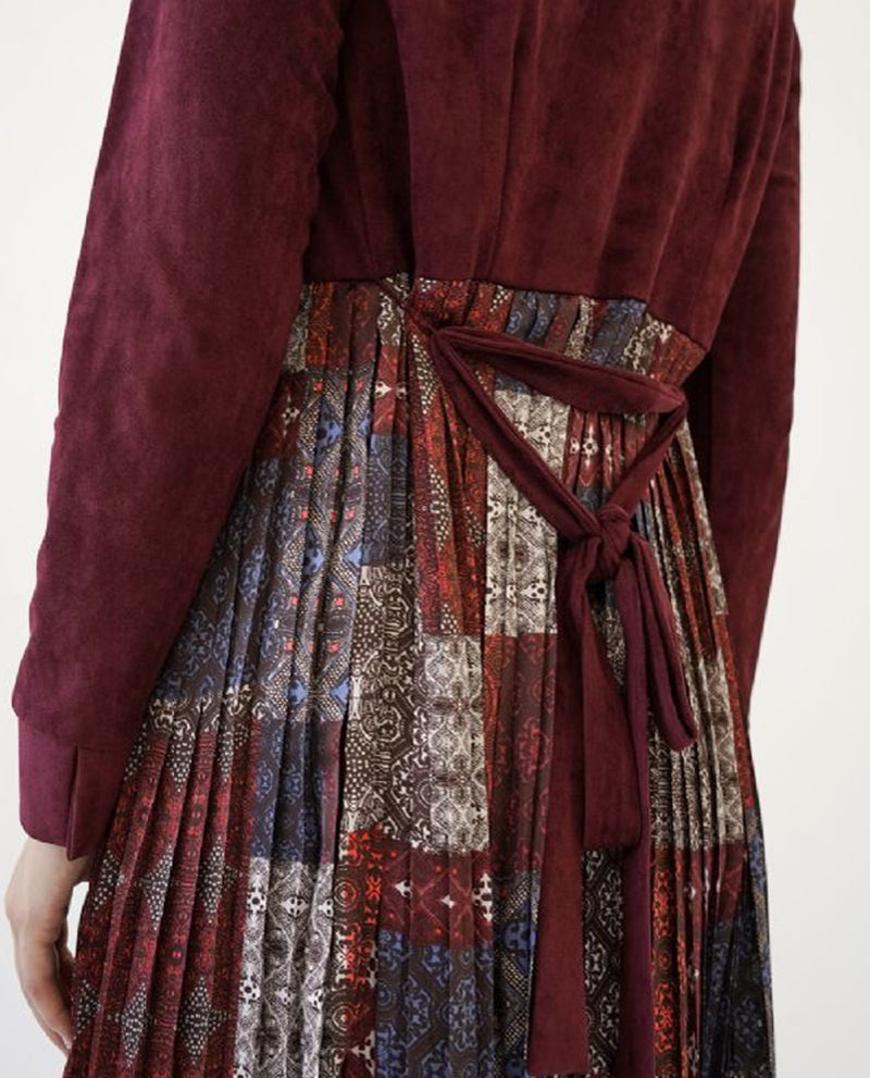 MYSTREE 19714 MIX MEDIA PLEATED LONG CARDIGAN BURGUNDY MIX