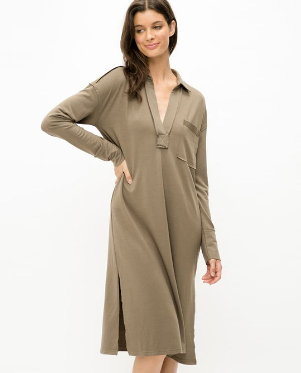 MYSTREE 19877 PULLOVER DRESS WITH RAW EDGE MILITARY OLIVE