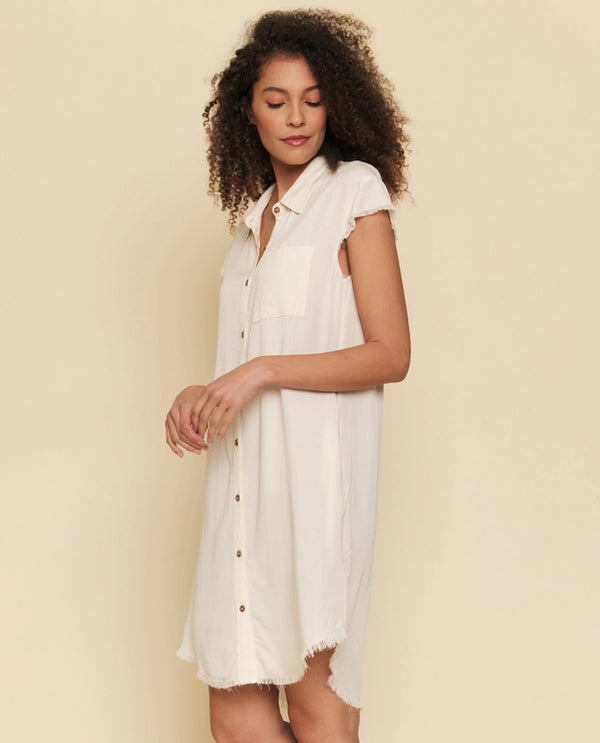 MYSTREE 20097C FRAYED EDGE TENCEL SHIRT DRESS OFFWHITE