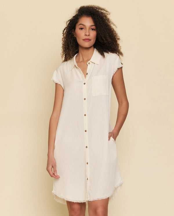MYSTREE 20097C FRAYED EDGE TENCEL SHIRT DRESS OFFWHITE