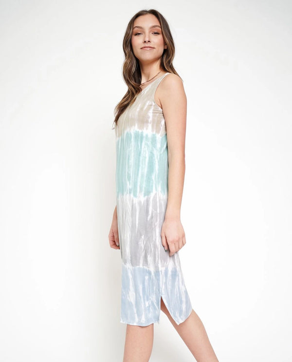 MYSTREE 20218 TIE DYE MODAL SLEEVELESS TANK DRESS TAUPE/SEAFOAM