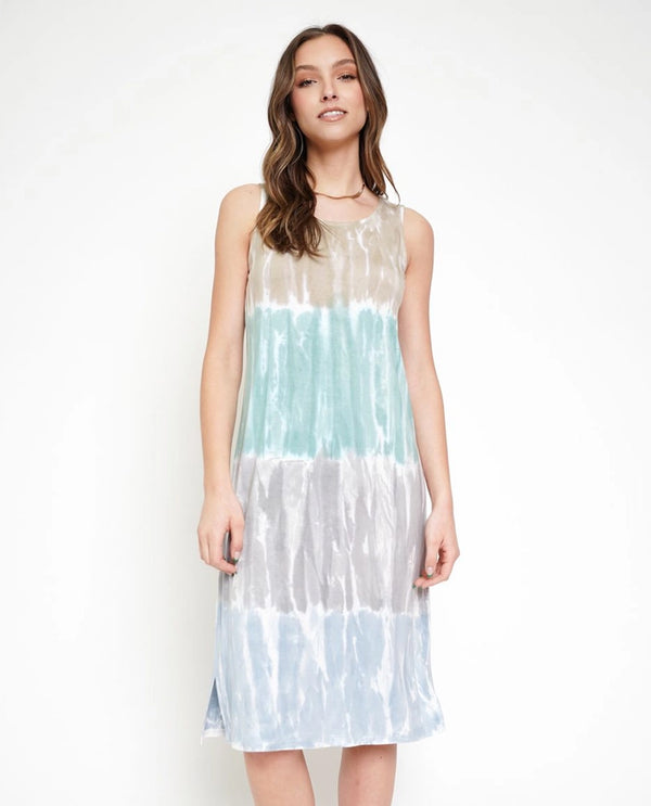 MYSTREE 20218 TIE DYE MODAL SLEEVELESS TANK DRESS TAUPE/SEAFOAM