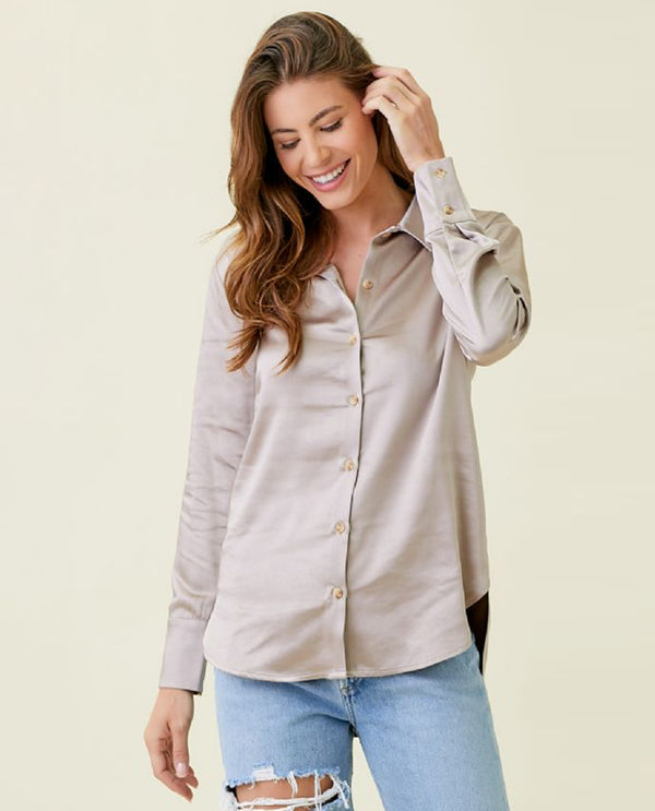 MYSTREE 20478 BUTTON DOWN SILKY RELAXED SHIRT ASH