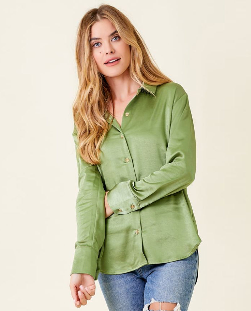 MYSTREE 20478 BUTTON DOWN SILKY RELAXED SHIRT CACTUS