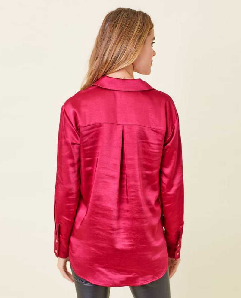 MYSTREE 20478 BUTTON DOWN SILKY RELAXED SHIRT FUCHSIA