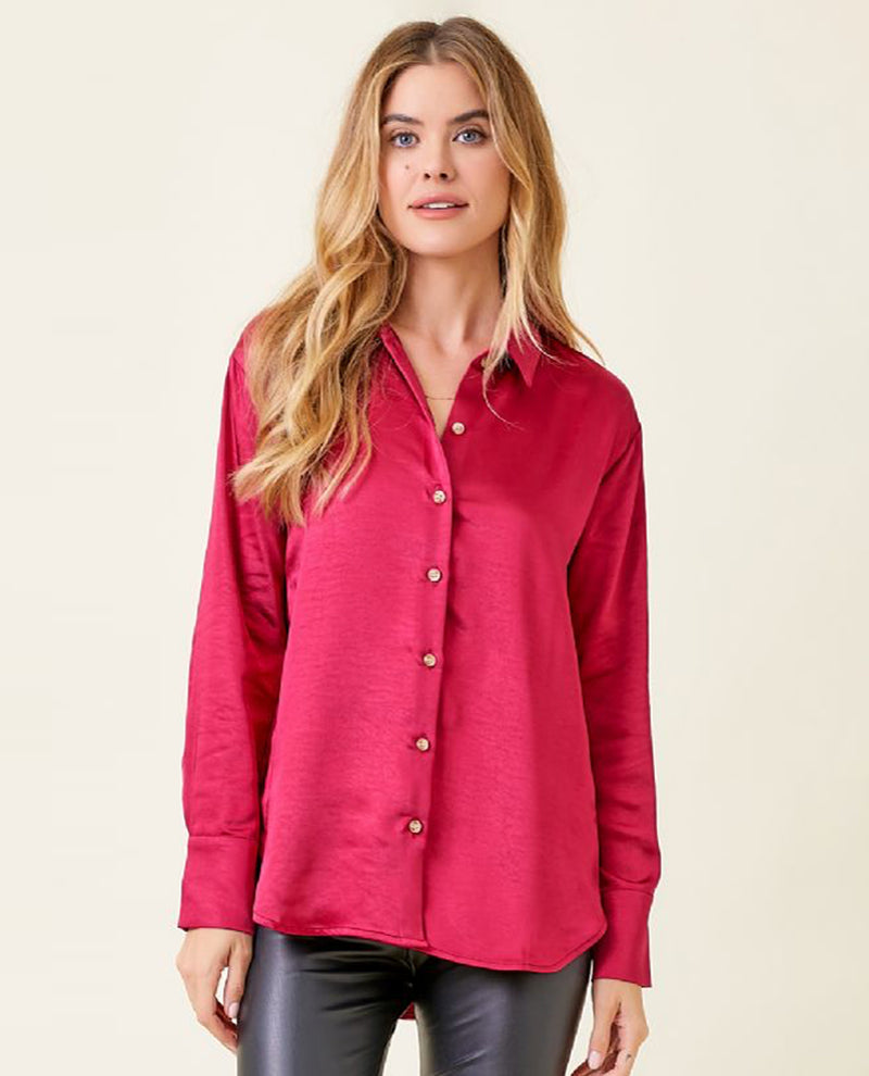 MYSTREE 20478 BUTTON DOWN SILKY RELAXED SHIRT FUCHSIA