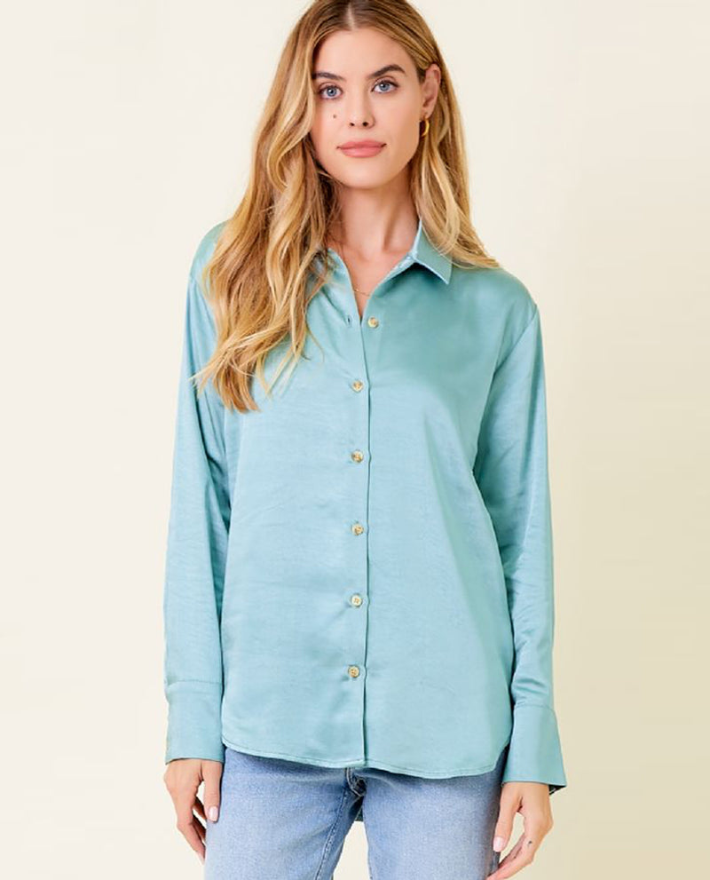 MYSTREE 20478 BUTTON DOWN SILKY RELAXED SHIRT SEAFOAM