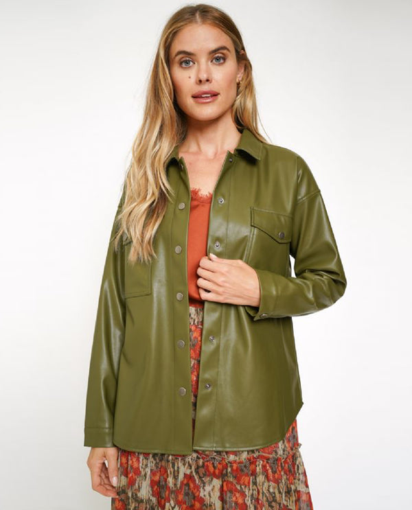 MYSTREE 20613 FAUX LEATHER SHIRT JACKET OLIVE