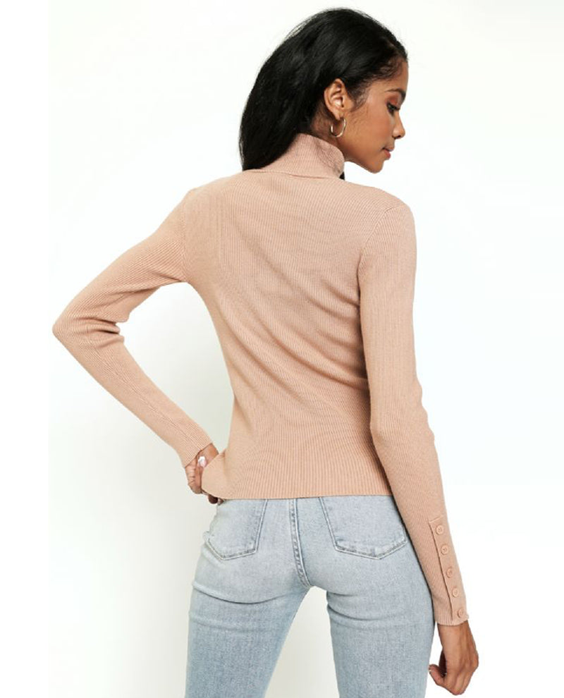 MYSTREE 20653 BUTTON SLEEVE MOCK NECK SWEATER DUSTY ROSE