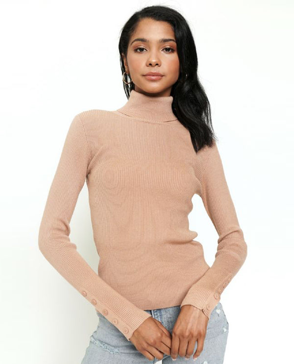 MYSTREE 20653 BUTTON SLEEVE MOCK NECK SWEATER DUSTY ROSE