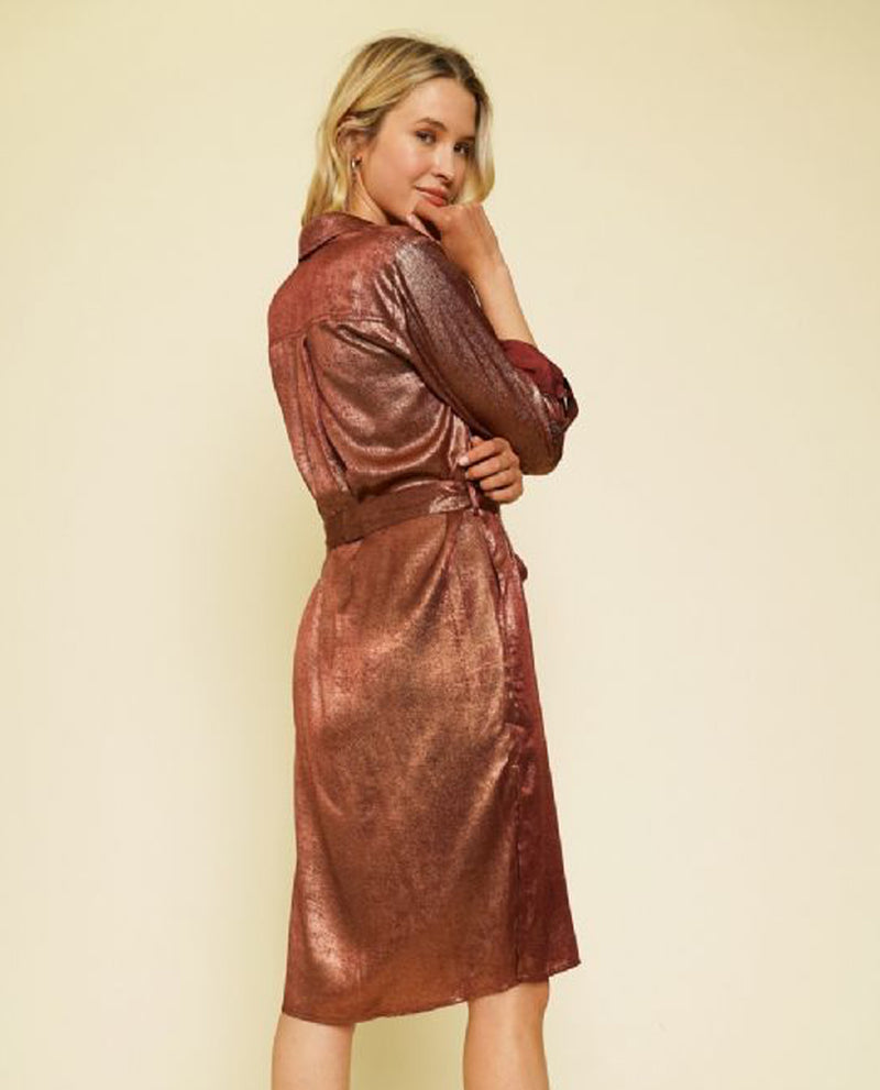 MYSTREE 20751 DULL SATIN SHIRT DRESS WITH TIE WAIST BURGUNDY