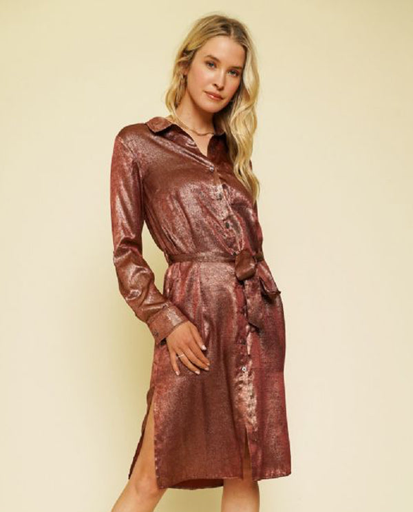 MYSTREE 20751 DULL SATIN SHIRT DRESS WITH TIE WAIST BURGUNDY