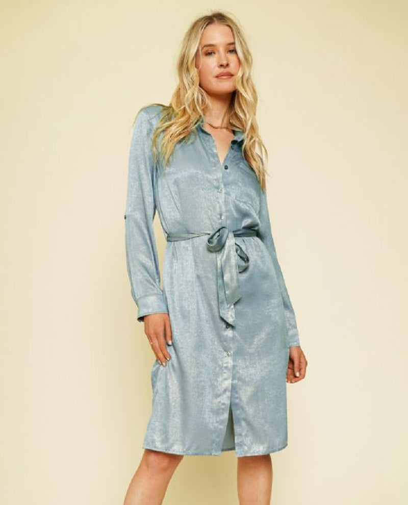 MYSTREE 20751 DULL SATIN SHIRT DRESS WITH TIE WAIST SILVER