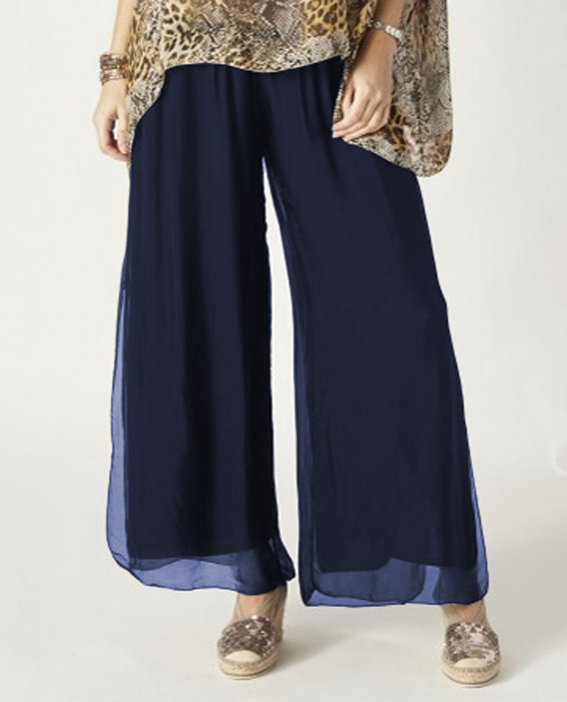 MADE IN ITALY 2184 SILK PANT WITH SLIT NAVY