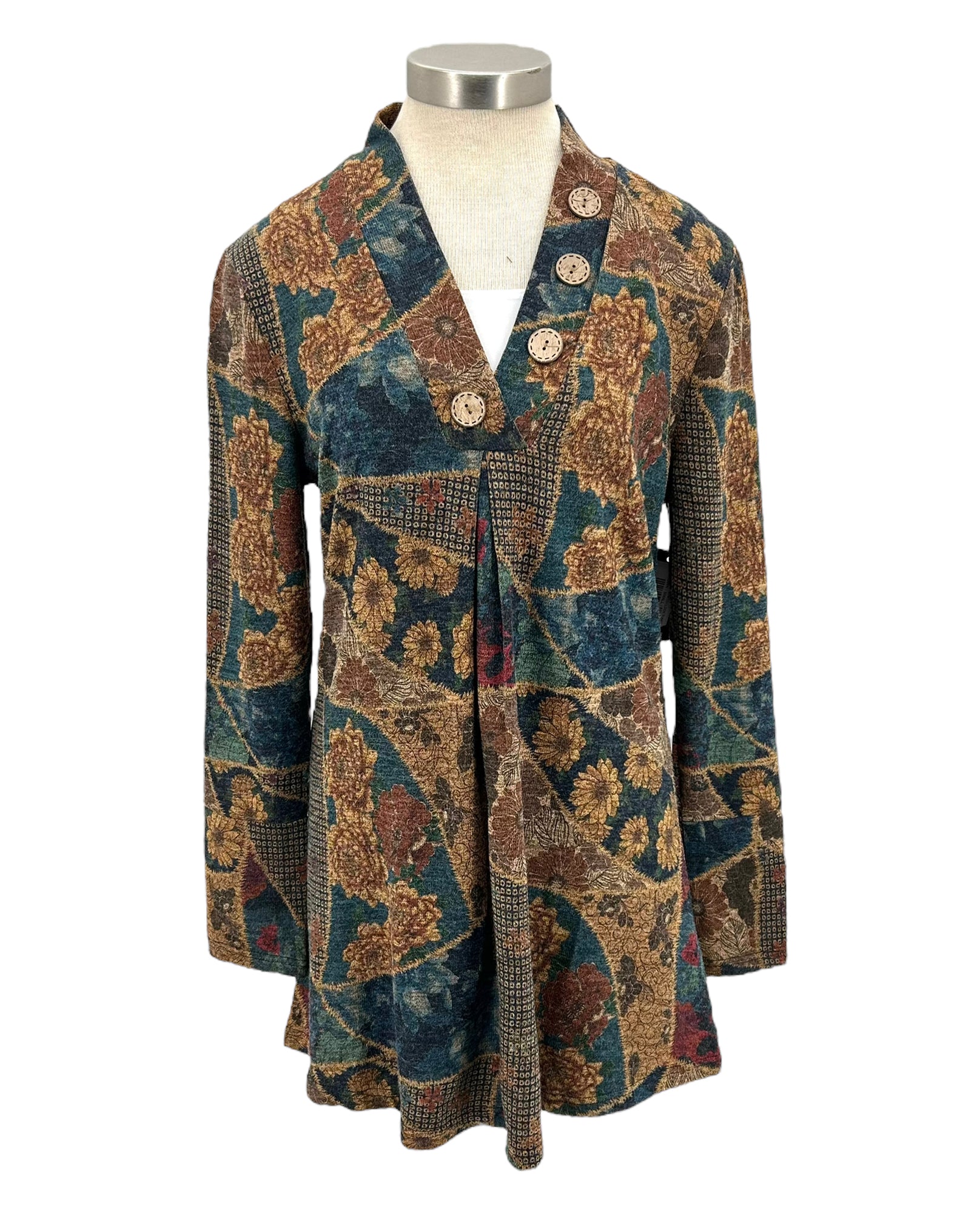 RADZOLI 22603 PATCH LOOK TUNIC | Long Sleeve Brown Blue Floral Tunic ...