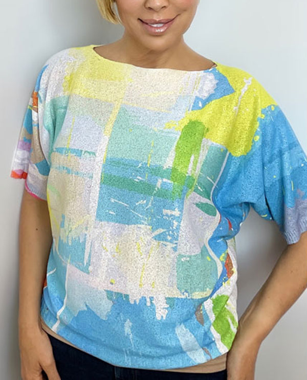 ETHYL 23071 CAP SLEEVE PRINT SWEATER BLUE/YELLOW