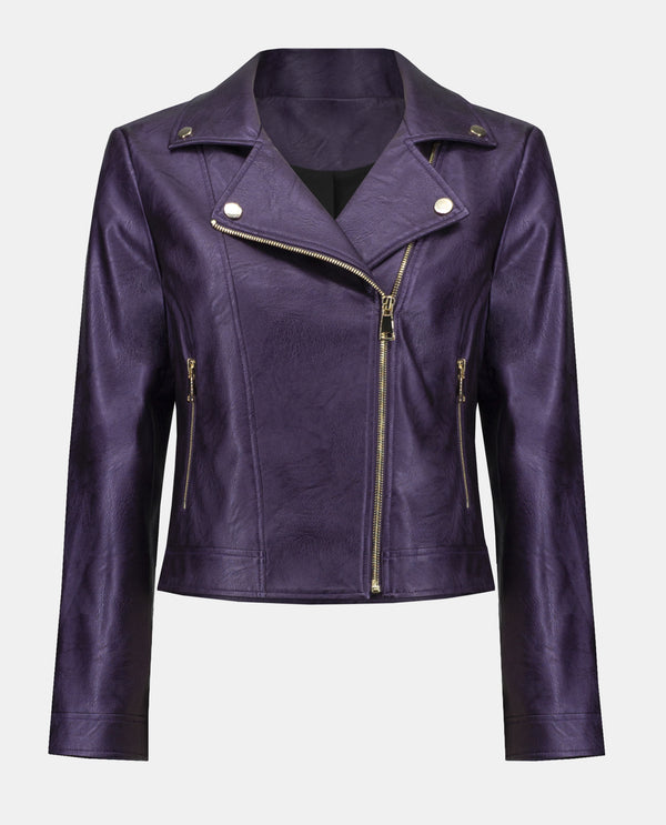 JOSEPH RIBKOFF 234902 METALLIC FAUX LEATHER BIKER JACKET BLACK CURRANT