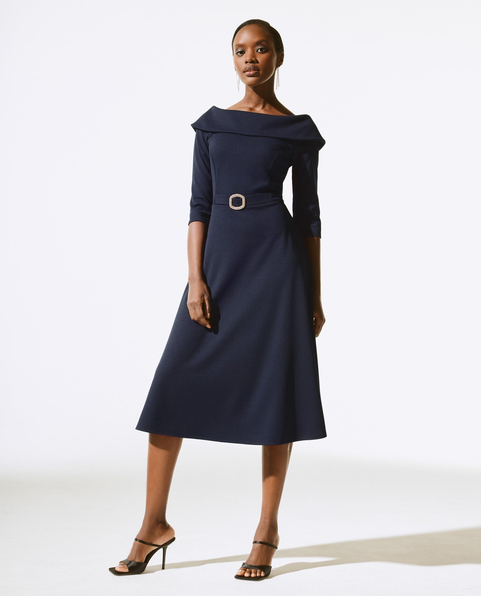 JOSEPH RIBKOFF 243743 OFF SHOULDER BELTED MIDI DRESS