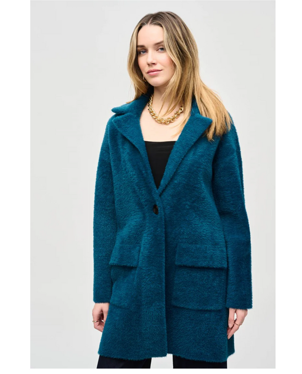 JOSEPH RIBKOFF 243922 FEATHER YARN SWEATER COATTWILIGHT TEAL