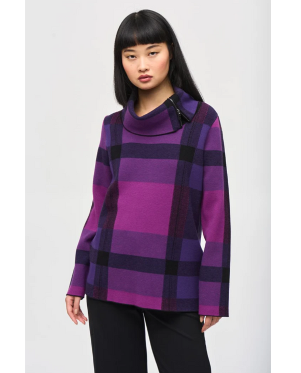 JOSEPH RIBKOFF 243943 PLAID JAQUARD COWL NECK SWEATER_EMPRESS