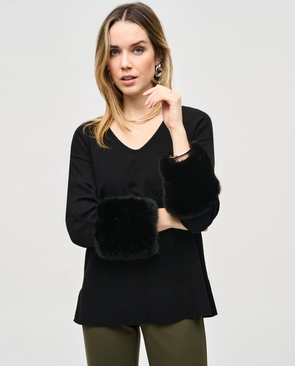 JOSEPH RIBKOFF 243955 TUNIC WITH FAUX FUR CUFFS BLACK