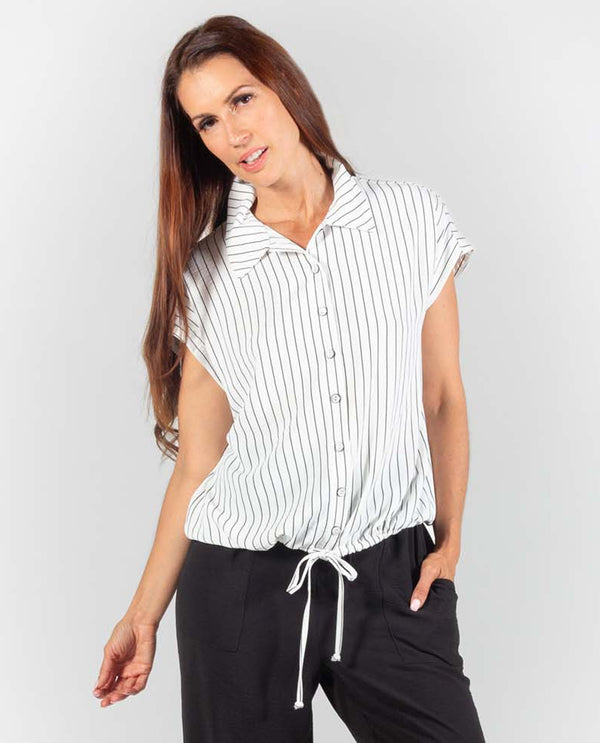 PURE ESSENCE 250-4956 BUTTON STRIPE TOP IVORY