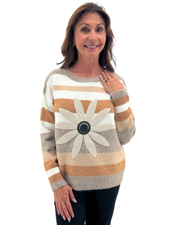 253110 NATURAL FLOWER STRIPE KNIT SWEATER