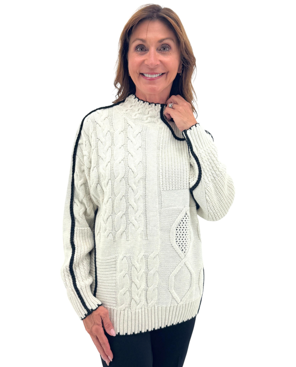 253D46 MIXED CABLE W/BLACK LINING SWEATER LINEN