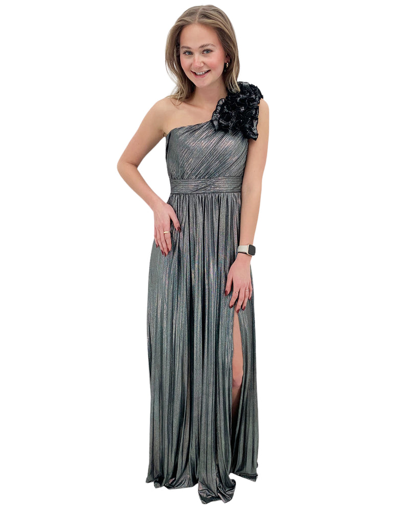 MINUET 2585-1 ONE RUFFLE SHOULDER SHIMMER PLEATED DRESS silver 