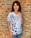 KEREN HART 26097 V-NECK SHORT SLEEVE STAR TOP WHITE MULTI