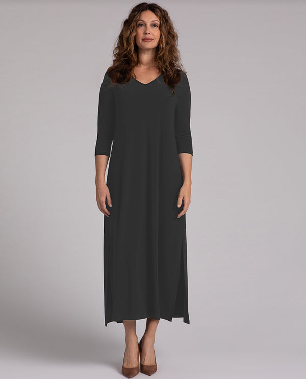 SYMPLI 28183-2 V-NECK SLIT DRESS GRAPHITE