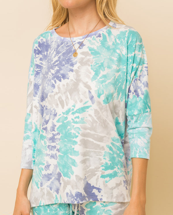 HEM & THREAD 30192F TIE DYE KNIT TOP NAVY/MINT/GREY