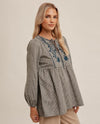 HEM & THREAD 31187W EMBROIDERED PEASANT TOP GREY/TEAL