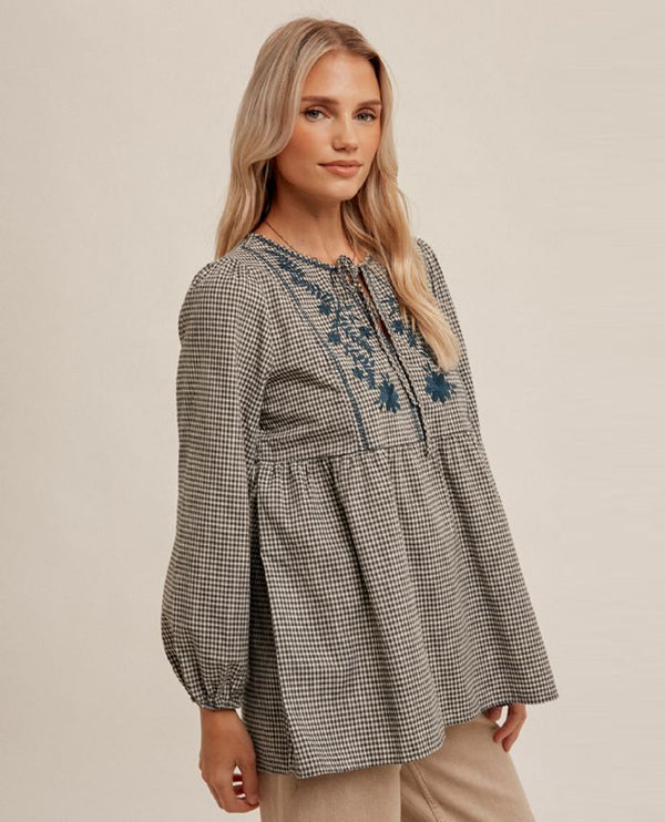 HEM & THREAD 31187W EMBROIDERED PEASANT TOP GREY/TEAL