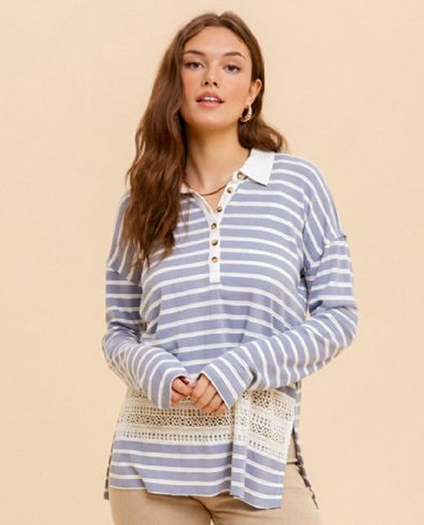 HEM & THREAD 32016 LACE CONTRAST OVERSIDED SHIRT DUSTY BLUE