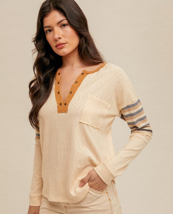 HEM & THREAD 32018 STRIPE CONTRAST HENLEY TOP
